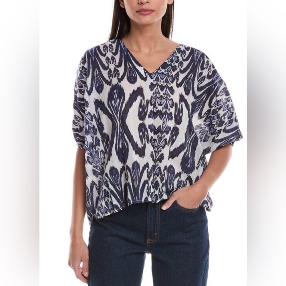 Ro’s Garden Navy & White Ikat Dolman Sleeve Top XS/S